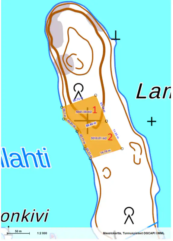 Terrain n°1 ~5 000 m², droit RA 250 k-m², rive ouest Puula / Ryökäsvesi — Lammasniemi / Hirvensalmi — 9