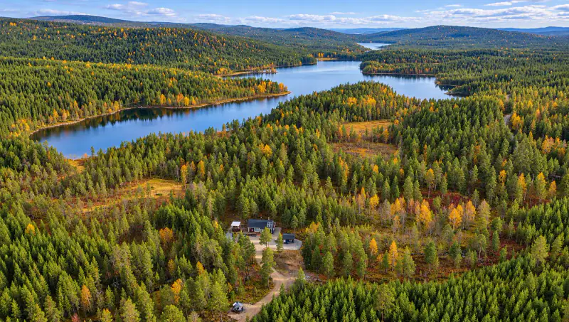 Lamellihirsinen mökki ~59 m² + kota et palju, 4,72 ha et ~55 m de rive privée sur le ruisseau Lintujärvenpuro — Lauluvaara / Inari — 2