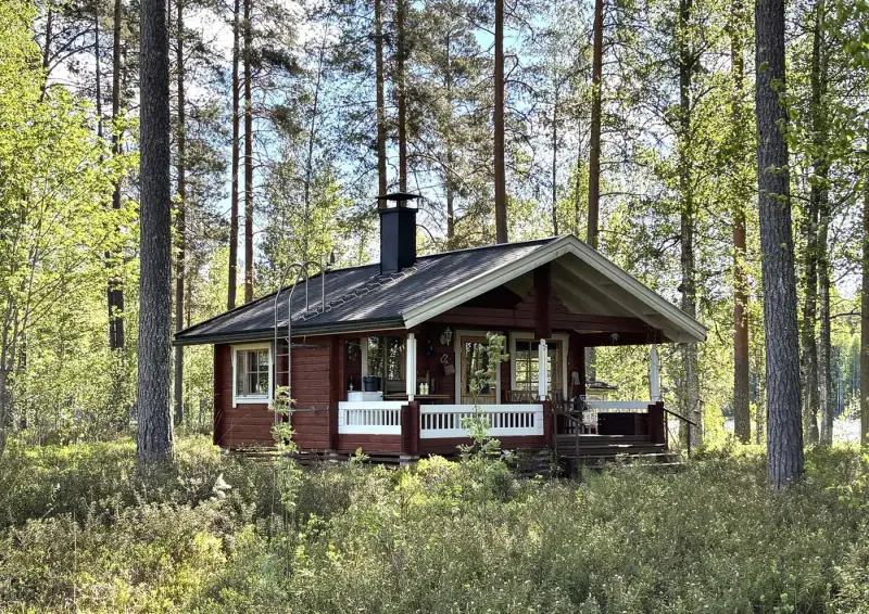 Mökki ~30 m² (1999) + sauna/saunakamari, 2 100 m² et rive sud — Myllyjärvi / Jämsä — 2