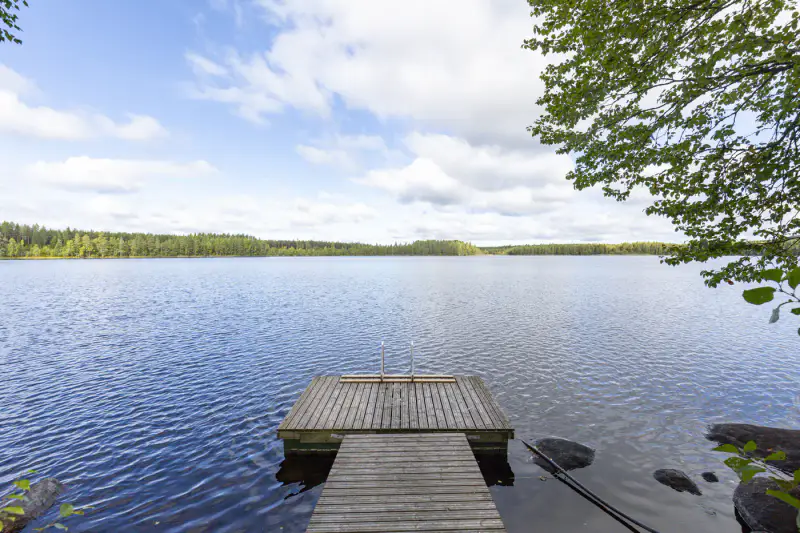 Mökki rondins 1974 rénové 2019–20, rive Naukjärvi ~49 m, 2 650 m² — Leivonmäki — 2