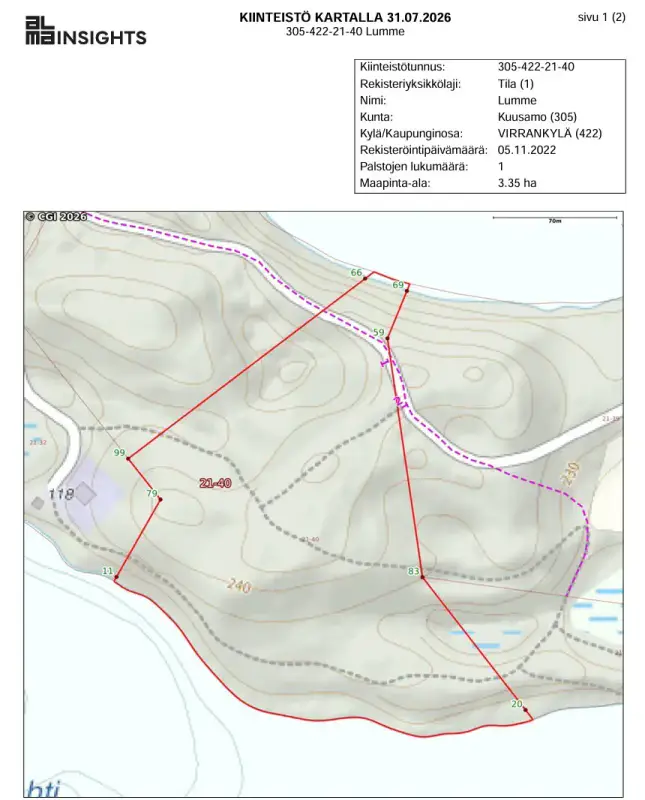 Terrain RM ~3,35 ha (~250 m rive), Ala-Juumajärvi — Juuma / Kuusamo — 2