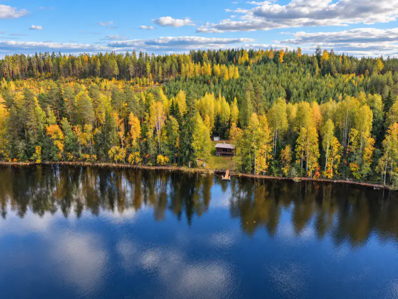 Mökki en rondins ~35 m² (1976) + sauna, 3 950 m² en zone RA (290 m² constructibles) et rive privée sur le Kallavesi — Mäntyharju — 5
