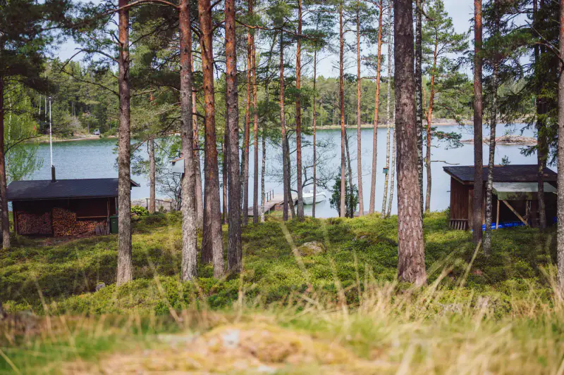 Hirsihuvila ~55 m² + maison d’amis et rantasauna, ~2,75 ha et rive mer — Älgö / Raasepori — 18