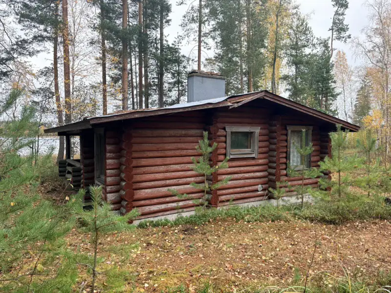 Hirsimökki ~41–51 m² sans électricité sur pointe de presqu’île, 3 860 m² et rive privée Puruvesi — Kerimäki / Savonlinna — 5