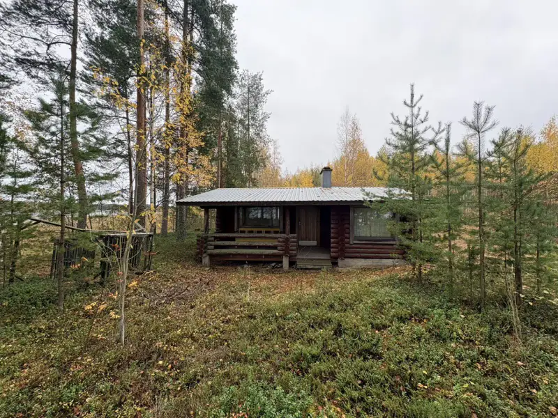 Hirsimökki ~41–51 m² sans électricité sur pointe de presqu’île, 3 860 m² et rive privée Puruvesi — Kerimäki / Savonlinna — 2