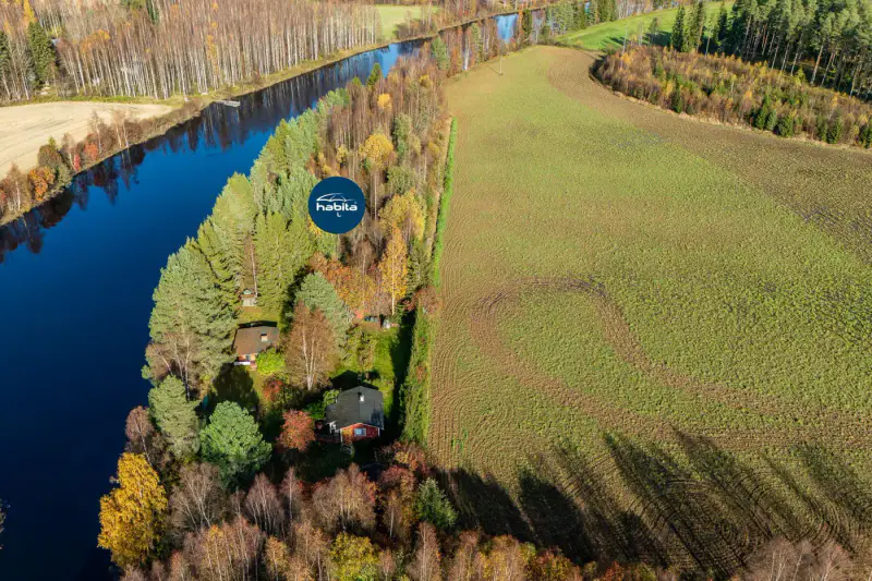 Deux mökkis en rondins (1977 et 1991, ~69 m² au total) + sauna à bois, 7 559 m² et rive privée sur la Siikajoki — Paavola / Siikajoki — 6