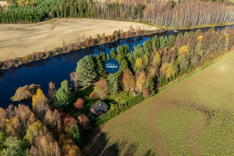 Deux mökkis en rondins (1977 et 1991, ~69 m² au total) + sauna à bois, 7 559 m² et rive privée sur la Siikajoki — Paavola / Siikajoki — 3