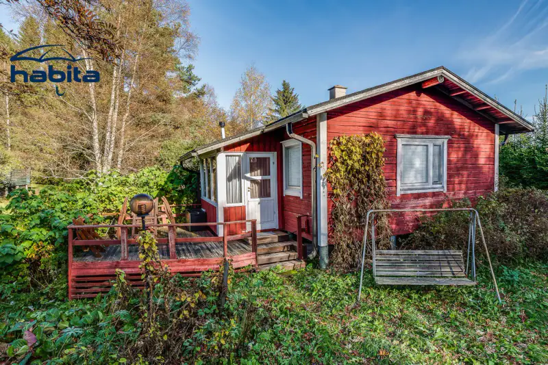 Deux mökkis en rondins (1977 et 1991, ~69 m² au total) + sauna à bois, 7 559 m² et rive privée sur la Siikajoki — Paavola / Siikajoki — 1