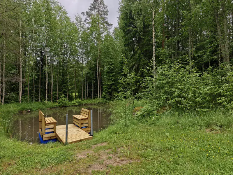 Mökki ~45-48 m² (1991) + sauna à bois et chalet d’invités, 4 210 m² au bord d’un étang privé avec ponton — Terttilä / Somero — 4