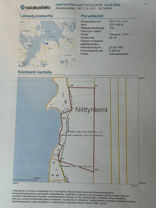 Terrain ~5,39 ha + 100 m rive ouest Näsijärvi, droits 170 m² ; bâti à démolir — Kapee — 14