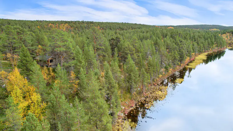 Maison en rondins équarris main 141 m² (1994) + sauna kelo, 6,4 ha et ~300 m de rive privée sur le Boaresgiettejávri — Utsjoki — 2